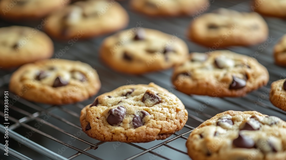chocolate chip cookies cooling on a rack, filling the air with a sweet aroma. chocolate chip cookies cooling on a rack, filling the air with a sweet aroma.