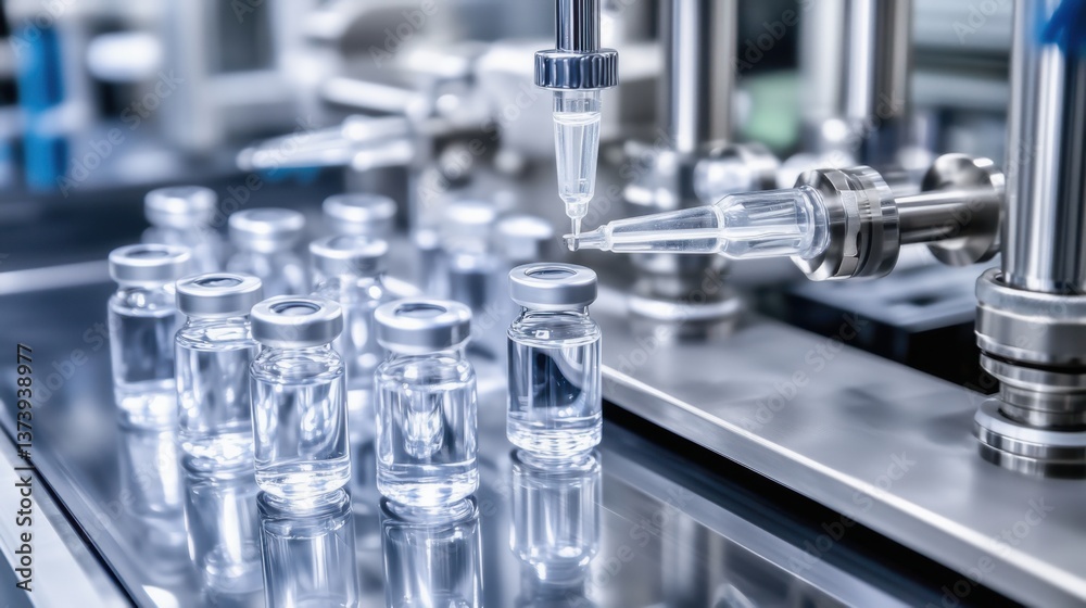 Glass vials being filled with medicine in a modern pharmaceutical laboratory during a quality control process Glass vials being filled with medicine in a modern pharmaceutical laboratory during a quality control process