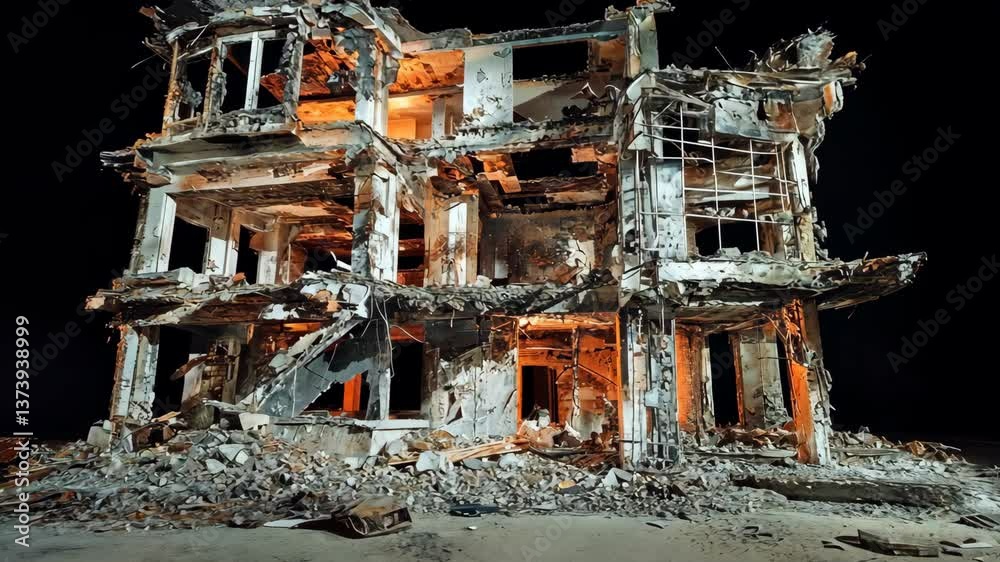 Destruction of a once vibrant building at night revealing remnants of human activity and history