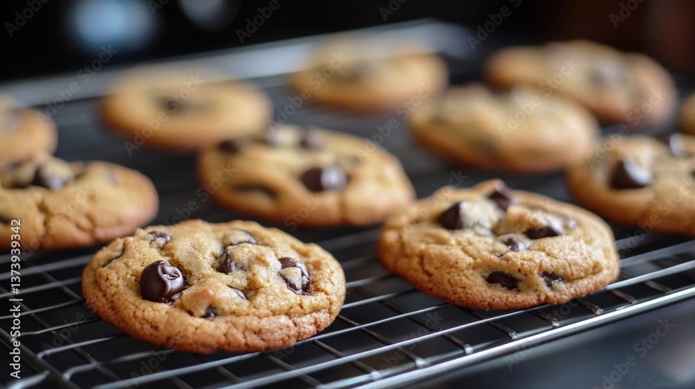 chocolate chip cookies cooling on a rack, filling the air with a sweet aroma. chocolate chip cookies cooling on a rack, filling the air with a sweet aroma.