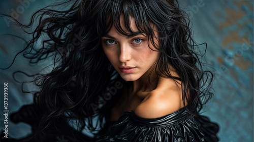 A close-up portrait of a woman with flowing, dark hair and a focused gaze.