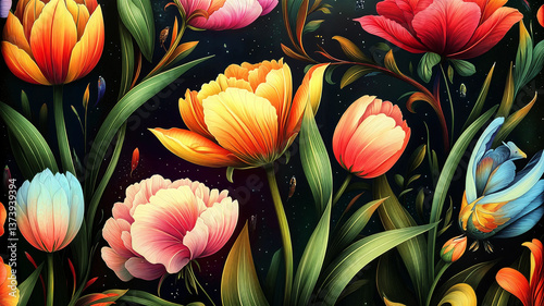 Detailed illustration of tulips, peonies, and exotic birds.