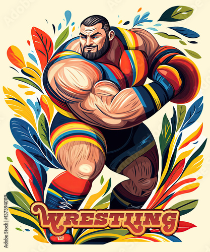 Obraz na płótnie a vibrant illustration of a wrestler in a dynamic pose, surrounded by colorful, abstract designs and the word
