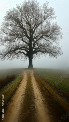 Mysterious tree stands alone on a foggy dirt path surrounded by fields during early morning hours