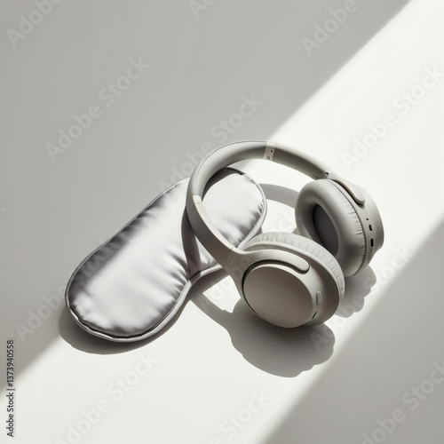 A travel comfort kit featuring noise-canceling headphones, a soft sleep mask on a white background. Perfect for relaxation during flights, long journeys, or restful sleep on the go.