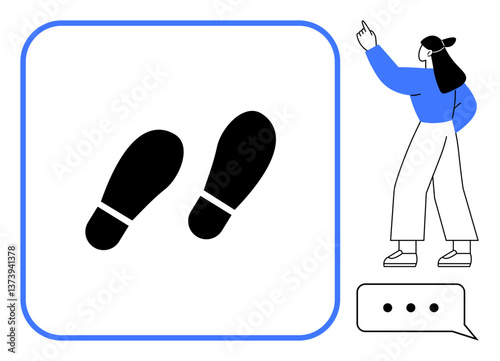 Silhouette footprints inside a square boundary, woman pointing to guide or explain direction. Speech bubble for communication. Ideal for guidance, navigation, instruction, leadership, strategy