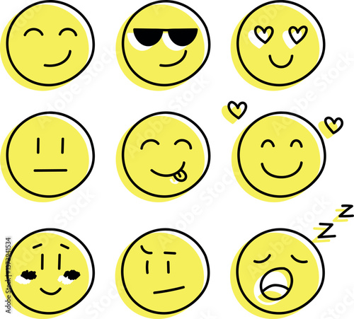 Set of smiles with various emotions, hand drawn collection. Doddle faces vector illustration on isolated background. Happy and sad face sign business concept. Vector illustration, EPS10