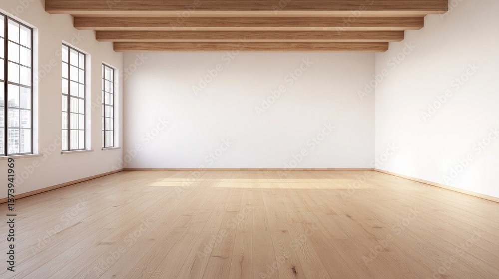 Obraz premium minimalist interior design neutral tones mindfulness Empty room with wooden flooring and large windows, featuring exposed beams on the ceiling.