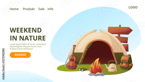 Camping-themed cartoon-style web page mockup. Features a tent, guitar, campfire, kettle, backpack, and signpost. "WEEKEND IN NATURE" is prominently displayed on the left. Bright, playful design.