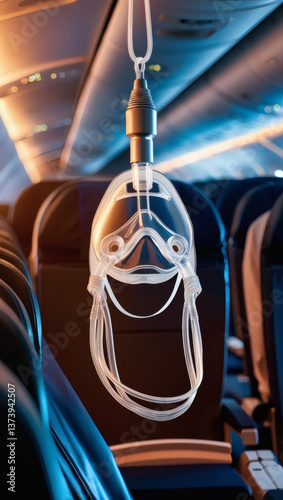 An oxygen mask hangs above a passenger seat inside an airplane cabin. The safety equipment is ready for emergency use. The modern aircraft interior is dimly lit, creating a dramatic atmosphere.