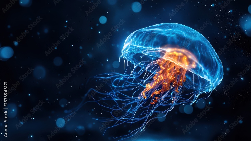 Bioluminescent jellyfish gracefully drifting in the dark ocean with its long tentacles trailing behind. Bioluminescent jellyfish gracefully drifting in the dark ocean with its long tentacles trailing behind.