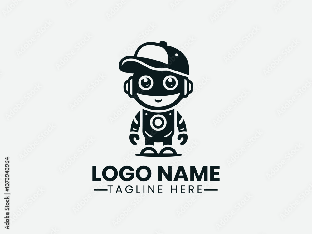 Naklejka premium Friendly Robot With Cap Vector Logo Design, Cute Robot With Cap Logo