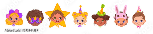 Kids face avatar birthday party set, vector cartoon boys girls in funny hats cute childish character. Hand drawn color pencil children illustration, cheerful smiling friends icon. Holiday kids avatar