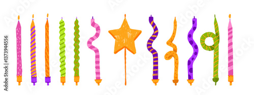 Birthday cake candle cartoon set, vector hand drawn party celebration decor doodle illustration. Congratulation postcard wax burning light, hand drawn color pencil texture. Cake candle greeting print