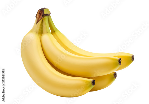 Bright yellow bananas in natural cluster, isolated on a clean white background