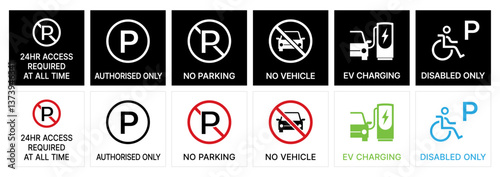 car parking symbols. vehicle parking related icon set. public parking sign vector. No access sign.