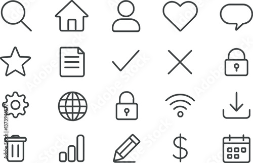 Collection of simple thin line icons representing common symbols for design, web, and user interfaces