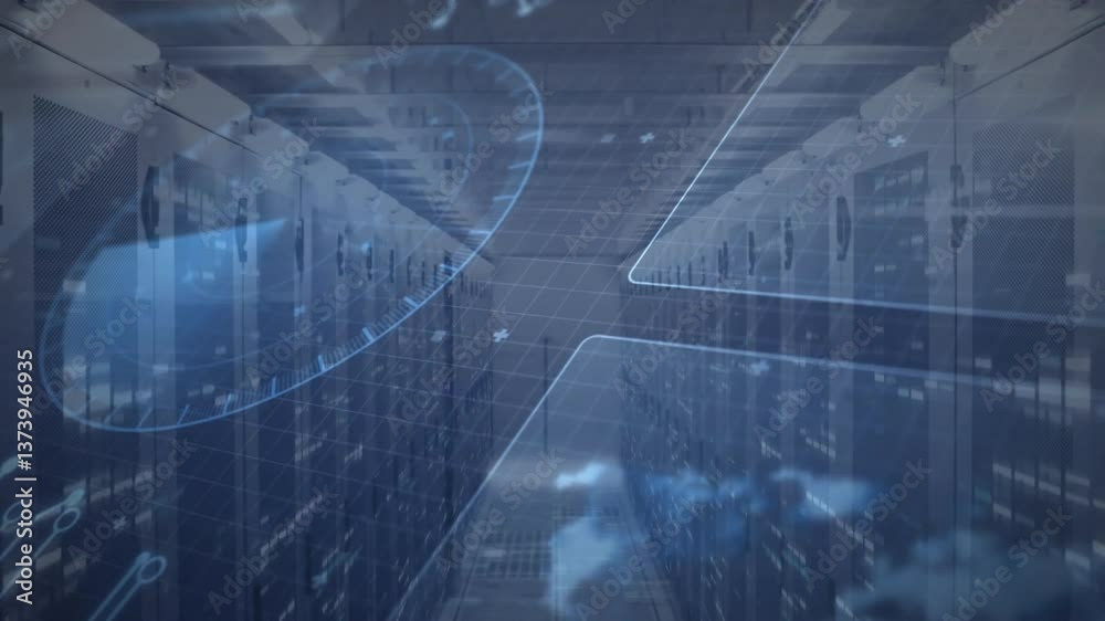 Digital data processing animation over servers in futuristic data center Digital data processing animation over servers in futuristic data center
