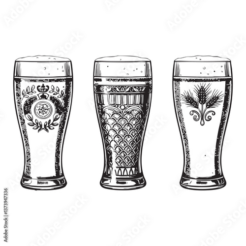 beer glasses engraving vector illustration