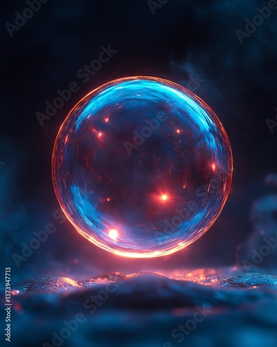 Abstract glowing orb with vibrant blue and red colors floating above futuristic landscape in dark, mysterious atmosphere