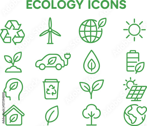 Various ecology icons showcasing sustainability, renewable energy, and environmental awareness