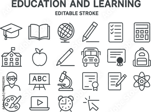 Educational symbols representing learning and knowledge in various subjects and activities displayed in a creative manner