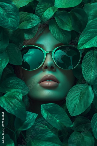 Woman in green sunglasses surrounded by tropical leaves