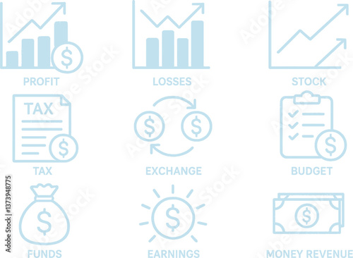 Financial concepts represented through graphs, charts, and icons depicting various aspects of budgeting and revenue analysis