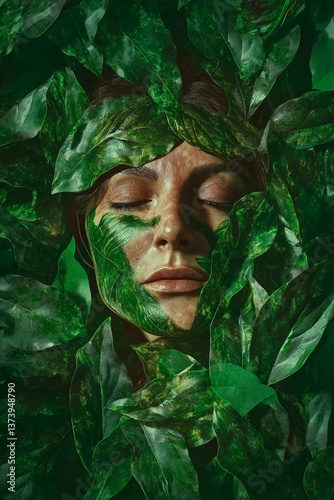 Woman’s face covered in green leaves in natural light