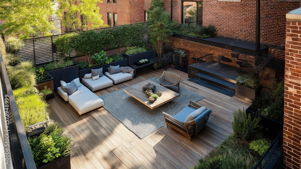 Obraz premium Urban rooftop garden with modern design, seating area in a serene city setting