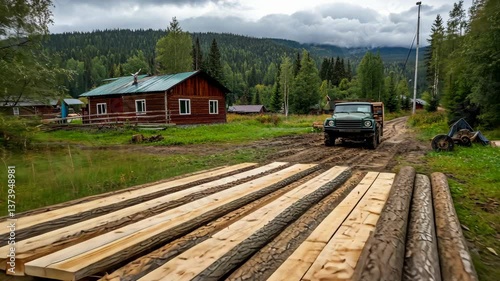 Wallpaper Mural Rustic logging truck maneuvers through wooded terrain near cabin surrounded by lush nature Torontodigital.ca