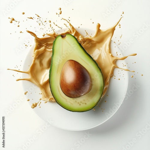 Halved avocado with splash of sauce on white plate
