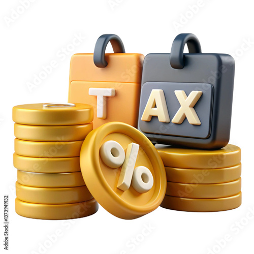 3D tax concept transparent png image with gold coin and tax deduction percentage sign