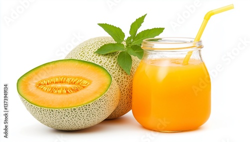 Cantaloupe juice with melon and leaves on white background