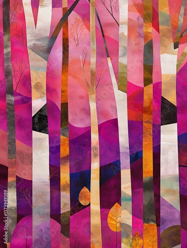 Abstract forest landscape in pink and orange tones