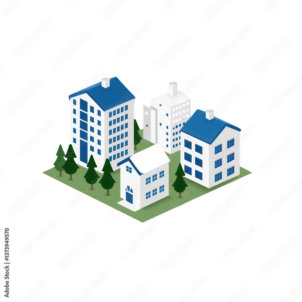 Fototapeta premium A colorful isometric illustration of a small urban area with various buildings and trees, representing modern architecture and city life in a harmonious environment.