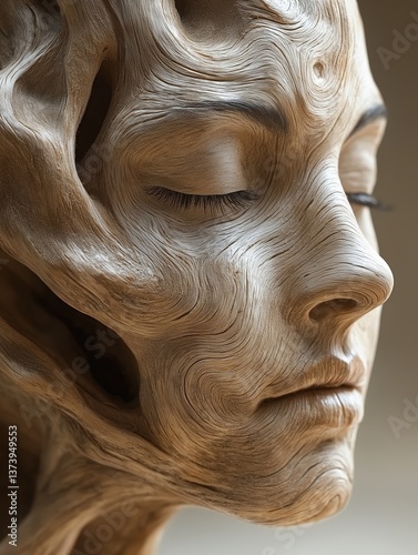Artistic wooden sculpture depicting a serene human face, intricately carved with flowing lines and natural woodgrain textures, symbolizing harmony with nature