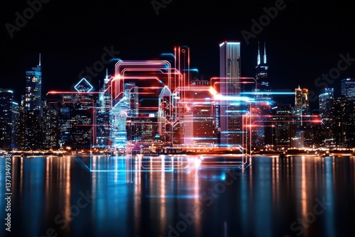 Wallpaper Mural Neon cityscape at night: futuristic digital network over a skyline reflecting in the dark water below. Torontodigital.ca