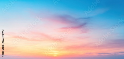 A breathtaking sunset view presents a vibrant sky painted in soft pink and blue hues, majestic 2025 sky panorama at dusk, where gold and purple hues blend during the magical blue hour before dark