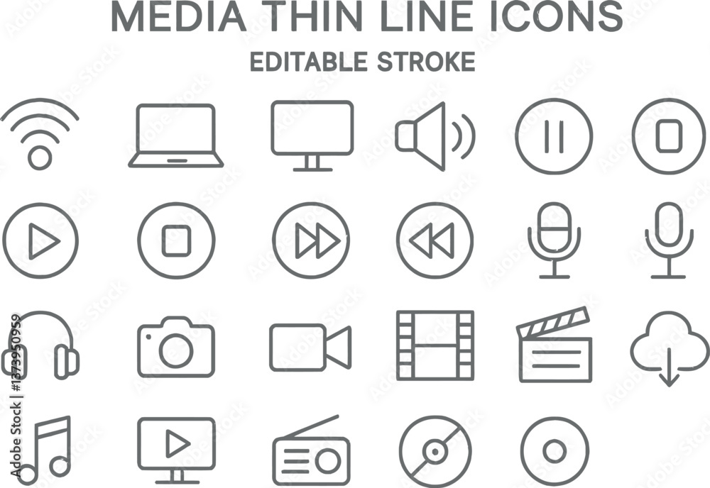 Collection of minimalist media icons in thin line style featuring various multimedia tools and devices Collection of minimalist media icons in thin line style featuring various multimedia tools and devices