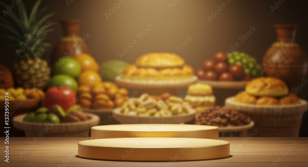 Fototapeta premium Elegant product display stage set against a background of diverse traditional food