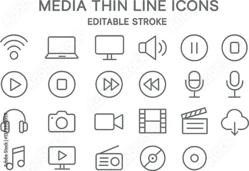 Collection of minimalist media icons in thin line style featuring various multimedia tools and devices
