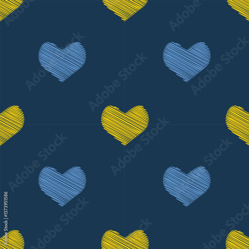Ukrainian hearts seamless pattern, dark background,  blue and yellow