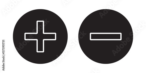 set of plus and minus symbols in circular and square shapes, positive and negative signs, vector black and white icons, geometric symbols for math, web, and UI design elements. EPS 10