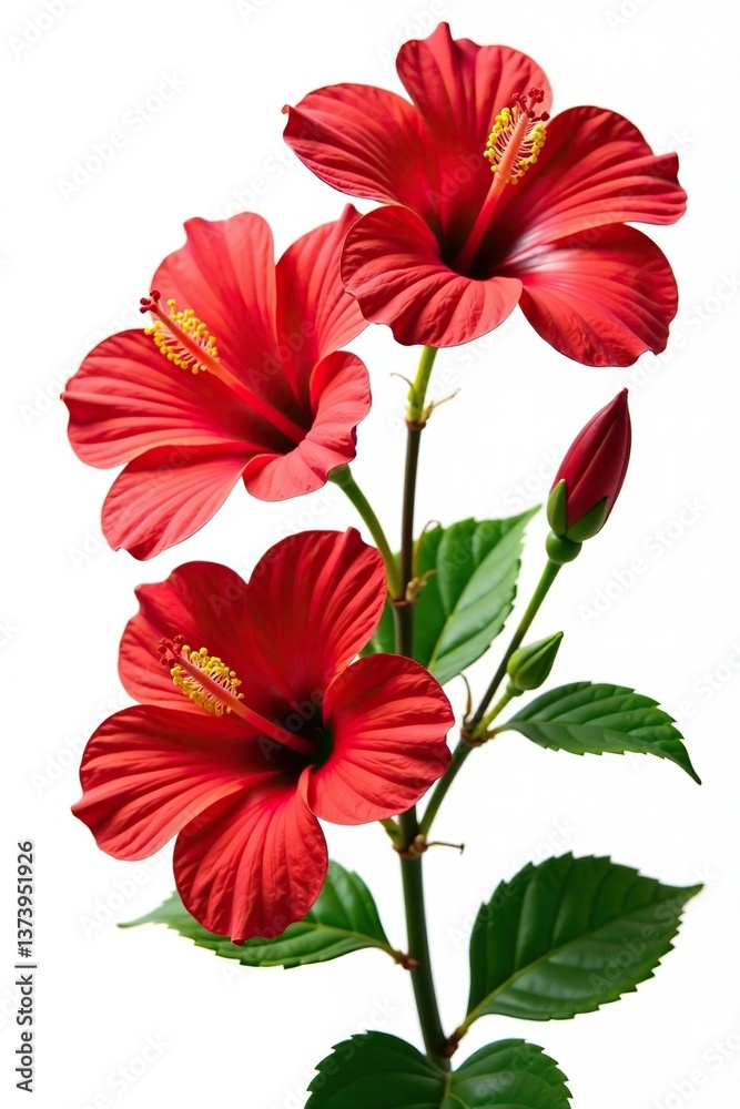 Obraz premium Collection of vibrant red hibiscus flowers with delicate petals and green stems isolated on a white background, colorful, tropical