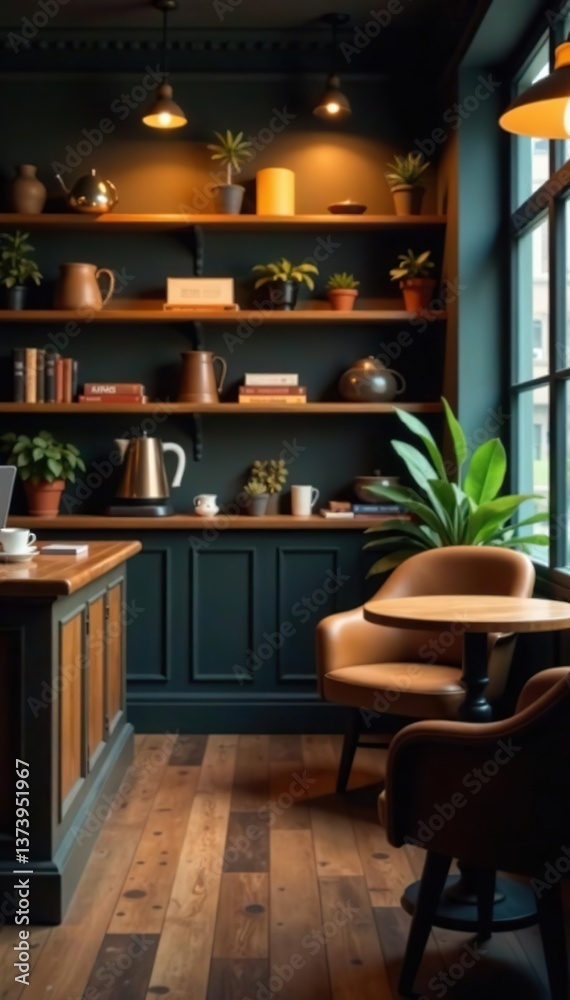 Fototapeta premium Blurry background of a cozy coffee shop with dim lighting, vintage furniture, and shelves filled with books and decorative items, cozy, shelves