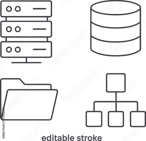 Data storage symbols showing server, database, folder, and diagram illustrating network structure with editable stroke design