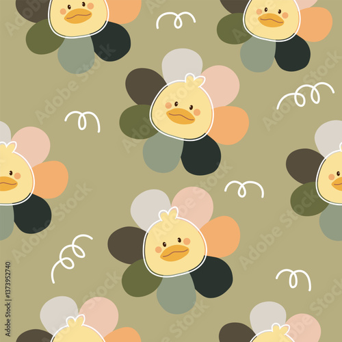 little duck heads on blooming flowers  seamless pattern , vector , illustration