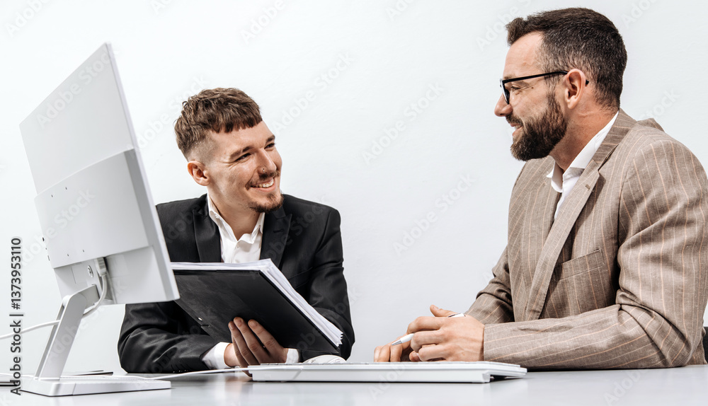 Two business men are brainstorming in a bright office, working and analyzing data from a computer. The concept of successful business and teamwork. Two business men are brainstorming in a bright office, working and analyzing data from a computer. The concept of successful business and teamwork.