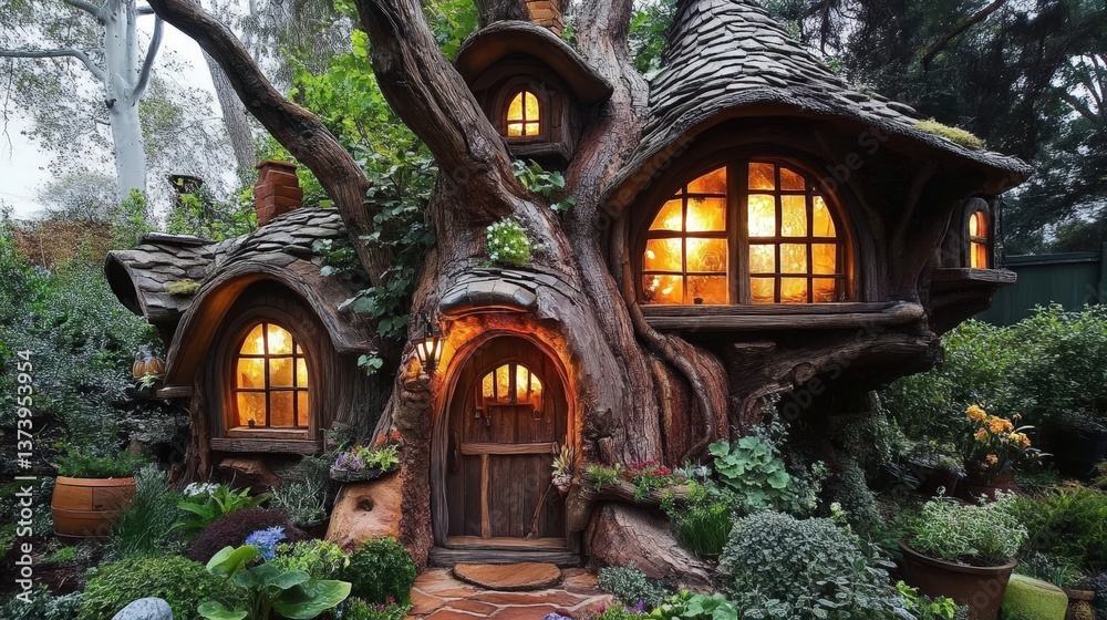 A fairytale setting with a tree that has windows and doors, resembling a tiny woodland home. A fairytale setting with a tree that has windows and doors, resembling a tiny woodland home.
